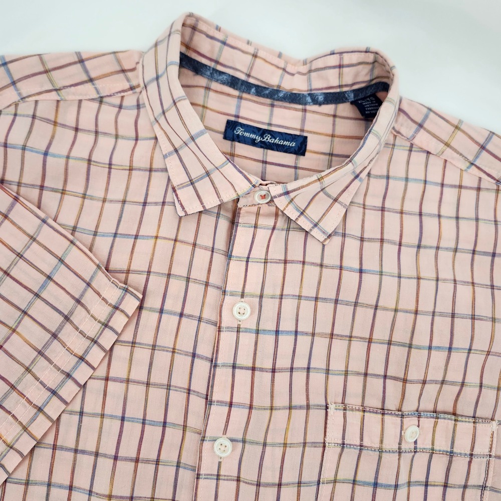 Tommy Bahama Mens Linen Blend Camp Shirt XL Coastal Resort Island Peach Plaid